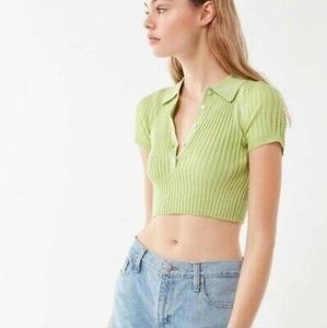 Urban Outfitters Lime Green Stretch Ribbed Collared Crop Top Size XS